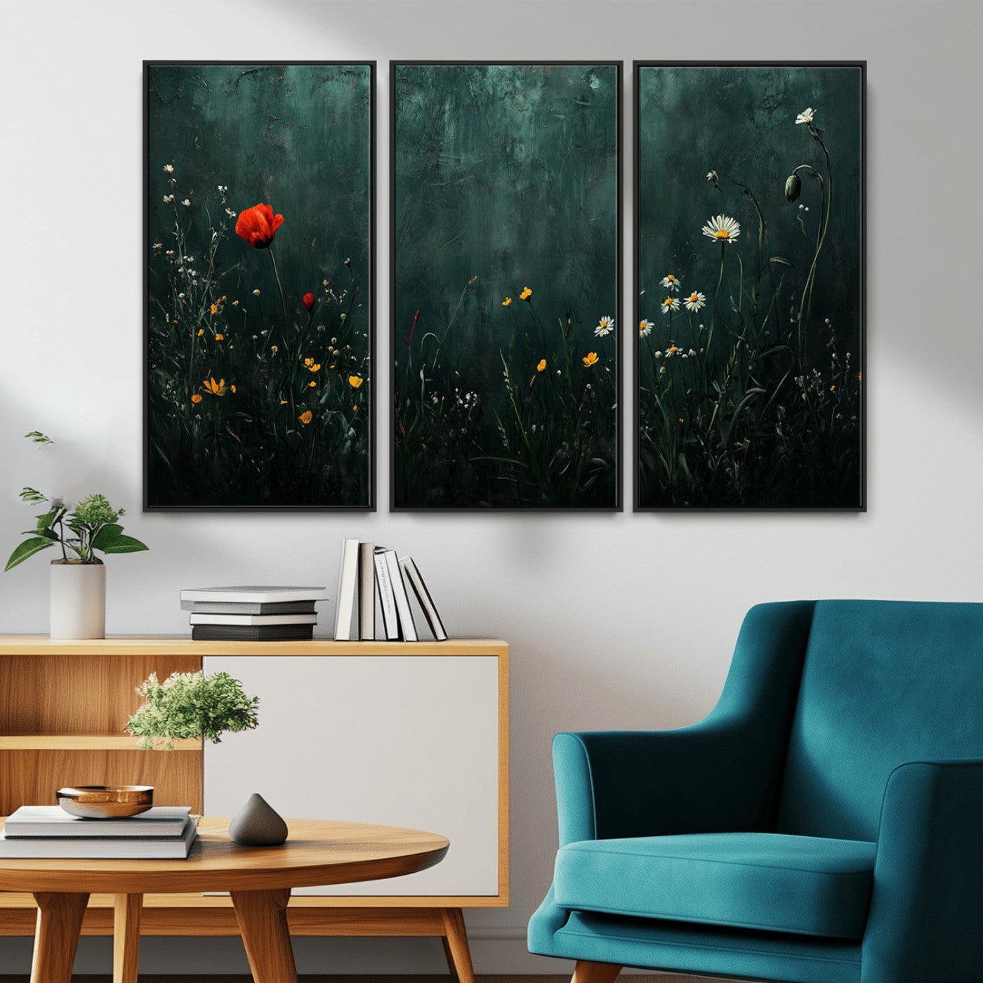MGV-FC-48X32-3P - Wildflower Field Framed Wall Art, Vintage Botanical Landscape Sign, Botanical Wall Art, Modern
