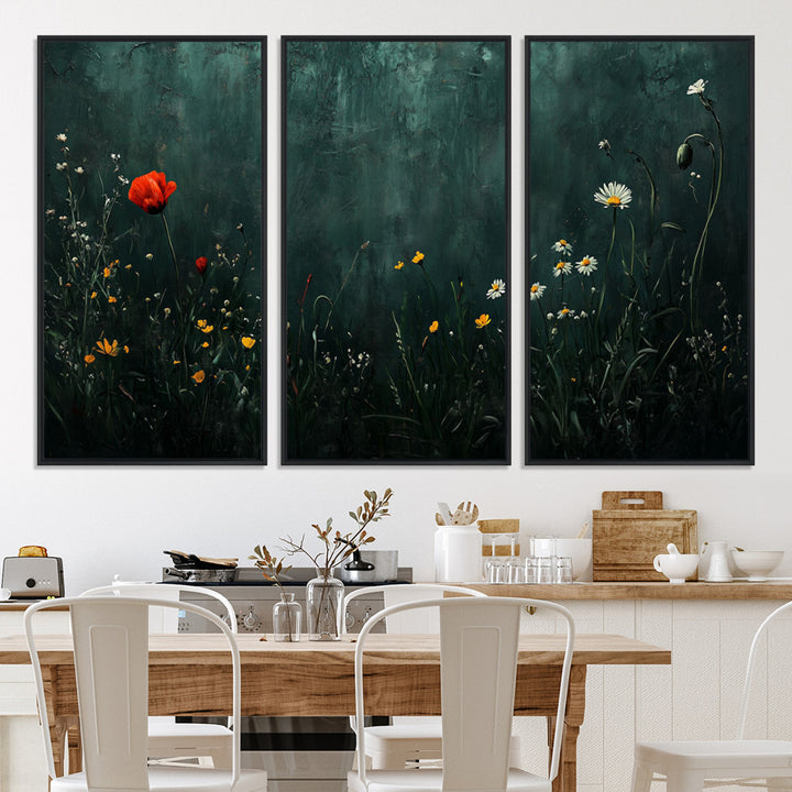 Wildflower Field Framed Wall Art, Vintage Botanical Landscape Sign, Botanical Wall Art, Modern Farmhouse Canvas Art, Field Of Flowers Canvas Print