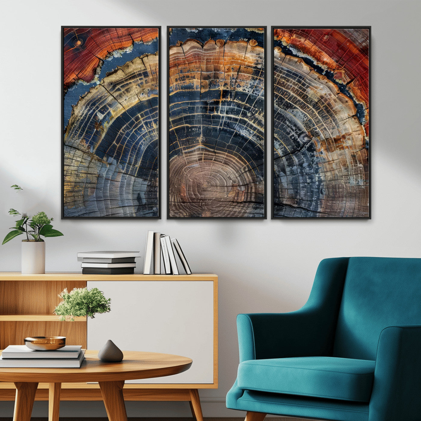 MGV-FC-48X32-3P - Abstract Tree Ring Wall Art, Colorful Framed Tree Ring Wall Decor, Minimalist Home Canvas Art,