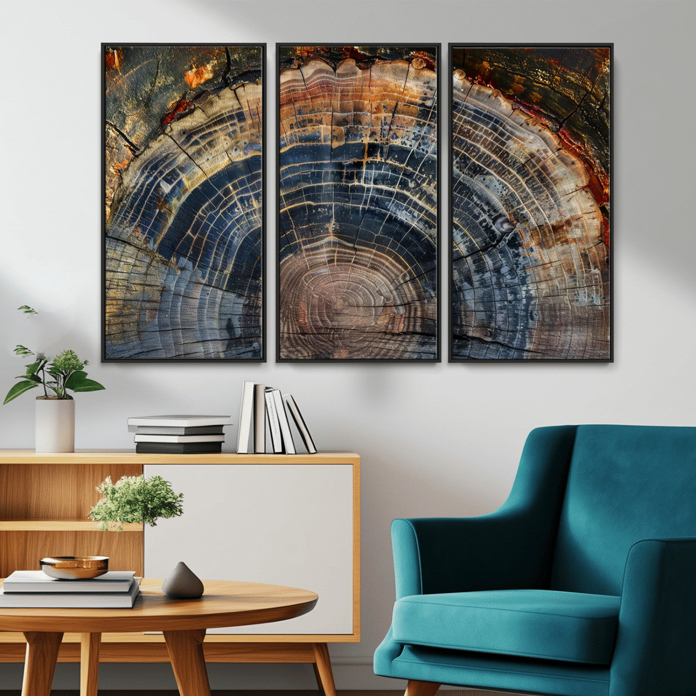 MGV-FC-48X32-3P - Framed Tree Ring Wall Art - Abstract Colorful Tree Ring Wall Decor, Minimalist Home Canvas Art,