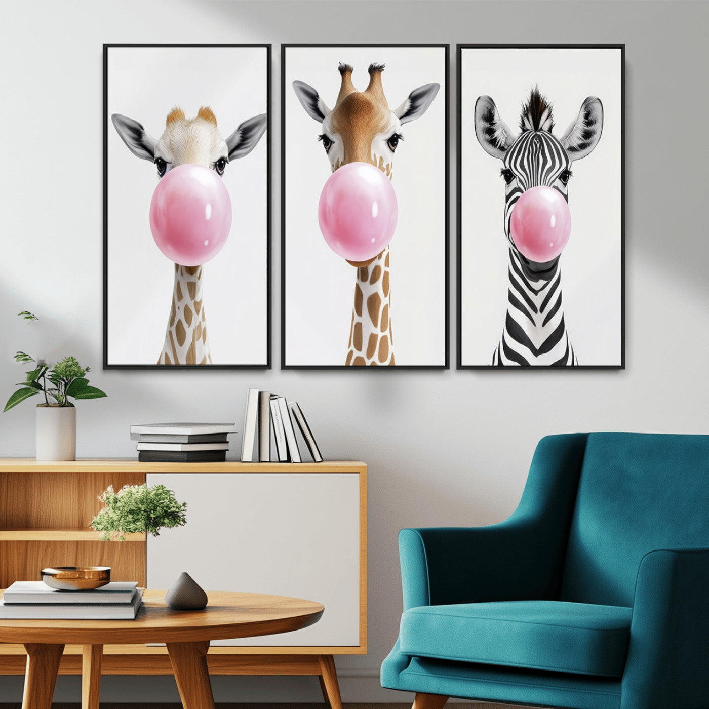 MGV-FC-48X32-3P - Bubblegum Animals Canvas Wall Art - Playful Giraffe and Zebra Trio, Fun Nursery Decor for Kids'