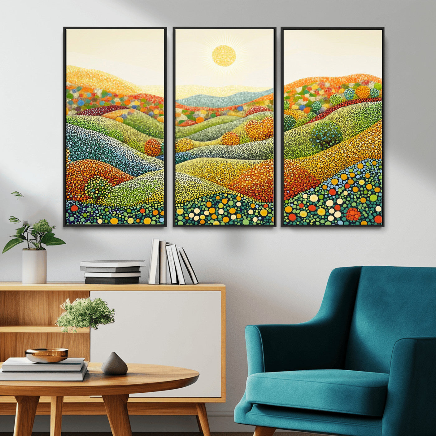 MGV-FC-48X32-3P - YAYOI KUSAMA Wall Art - Colorful Dot Art Landscape Canvas, Framed Japanese Dot Art