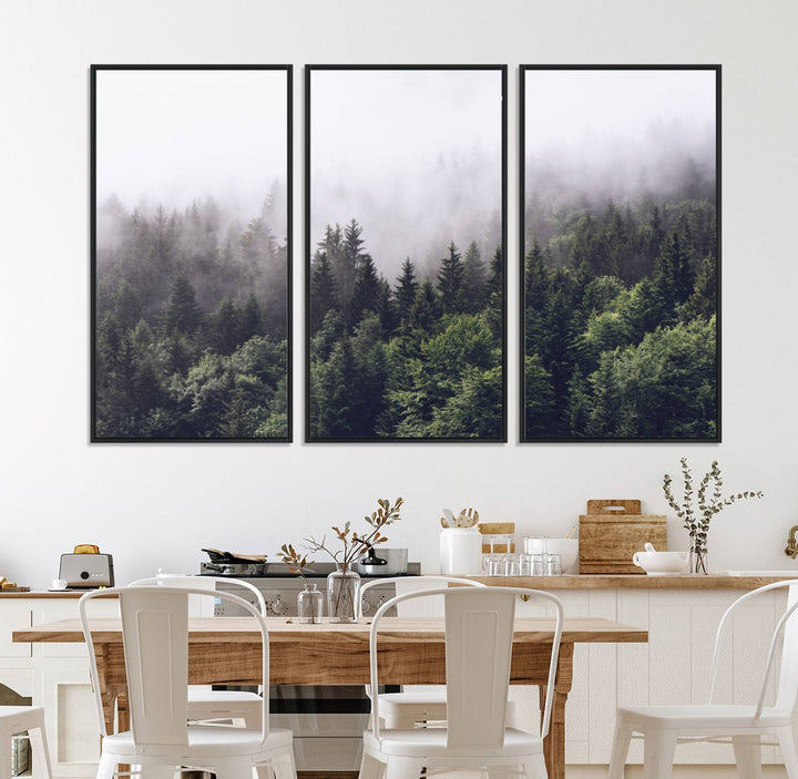 A serene triptych nature print featuring a misty forest, perfect as wall art.