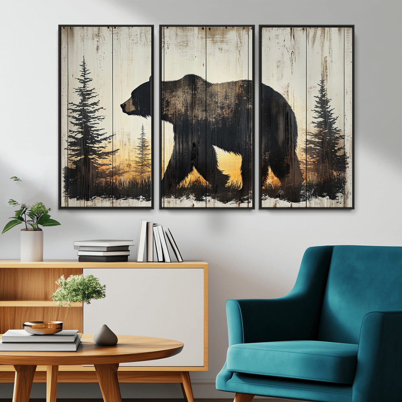 83875-MGV-CV-36X24-Vintage Bear Wall Art Canvas Print for Farmhouse - Mountain Wood Canvas Wall Art - Forest Silhouette