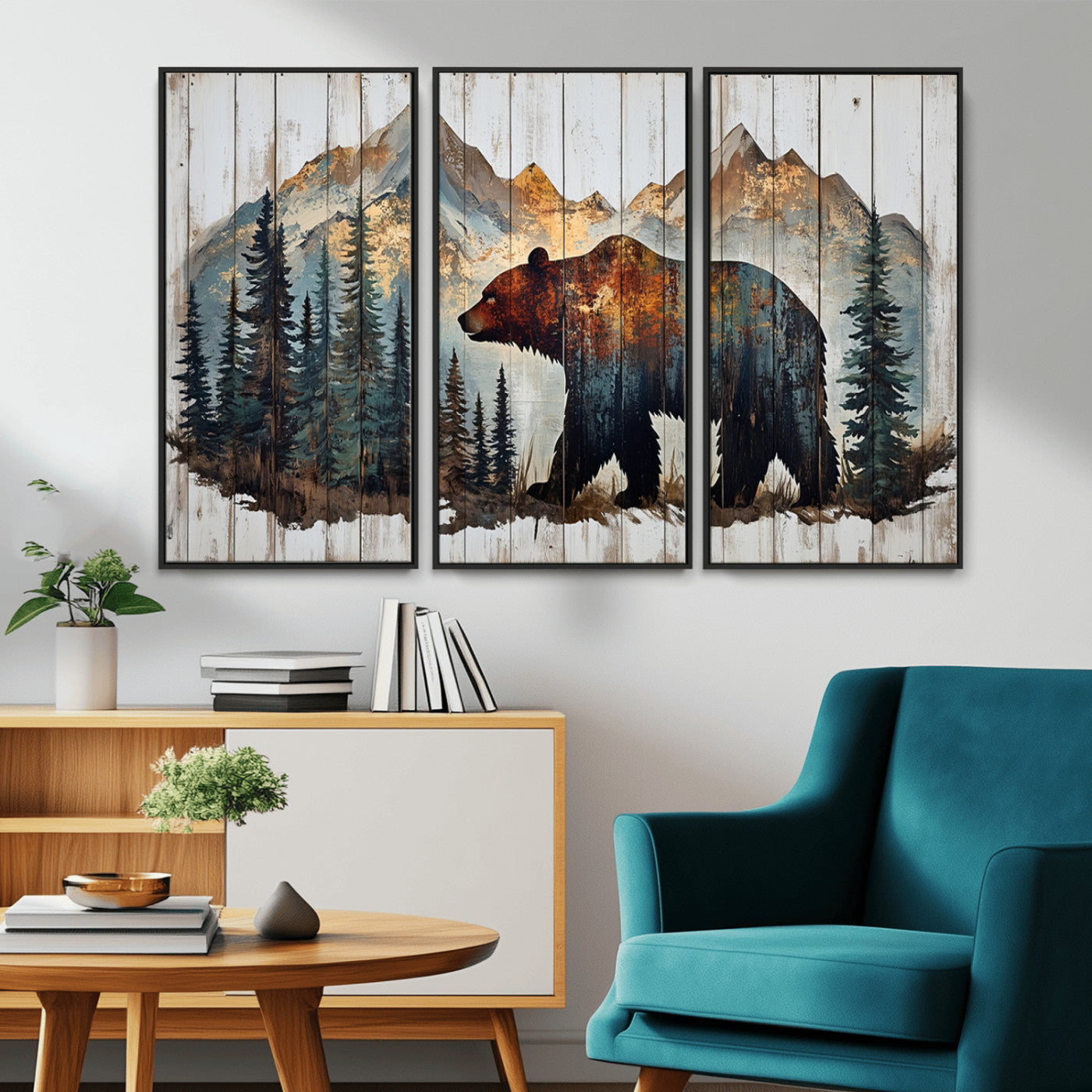 55777-MGV-CV-36X24-Rustic Grizzly 399 Bear and Mountain Wood Canvas Wall Art - Framed Nature Artwork with Forest