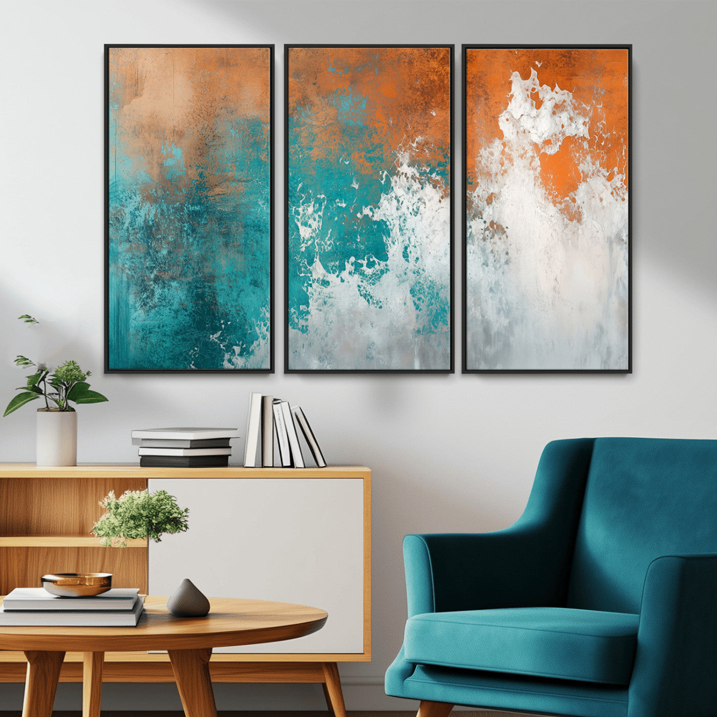 MGV-FC-48X32-3P - Vintage Abstract Print - Bold Teal and Orange Canvas Wall Art - Retro-Vintage Abstract Orange Canvas