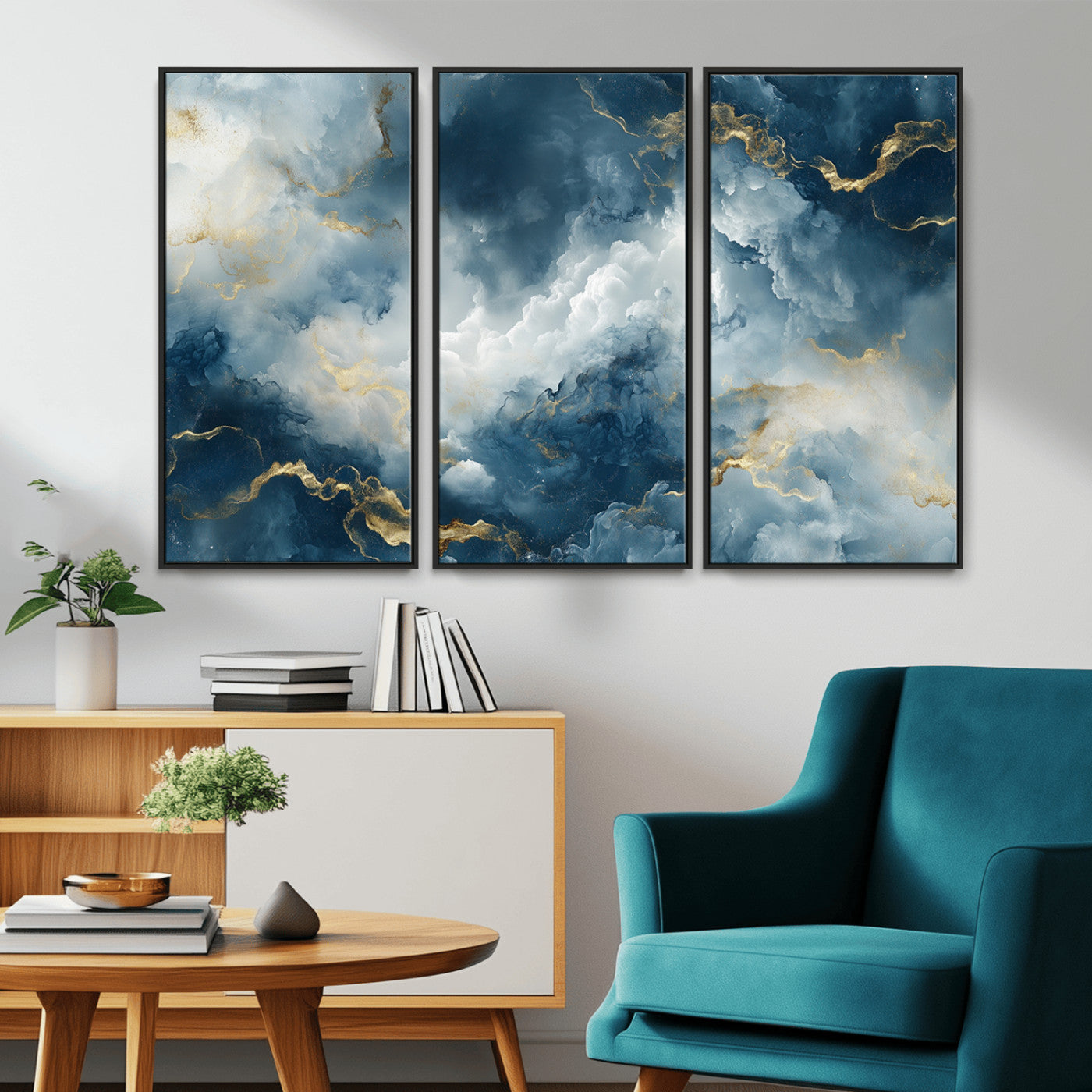 MGV-FC-48X32-3P - Large Abstract Print - Luxe Blue and Gold Abstract Canvas Wall Art - Bold Cloudscape Canvas for