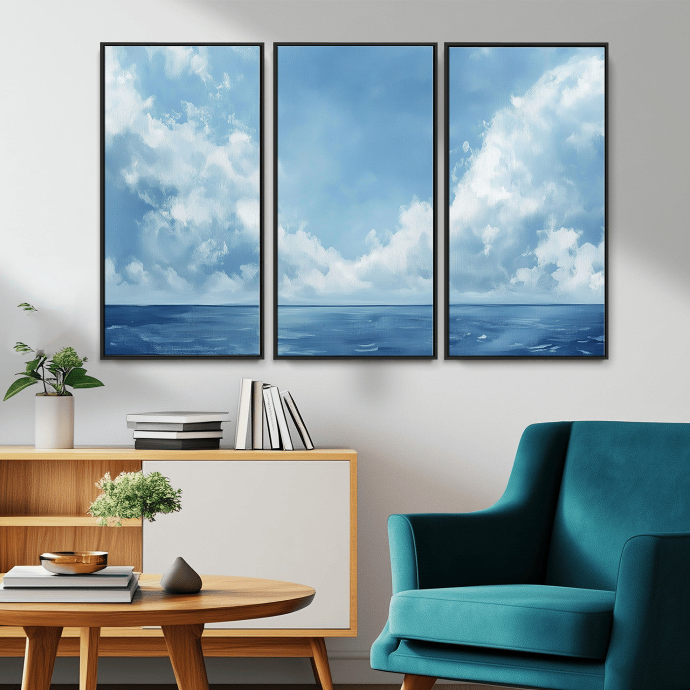 MGV-FC-48X32-3P - Abstract Ocean Print Artwork- Serene Blue Ocean Canvas Wall Art - Minimalist Ocean and Sky Canvas