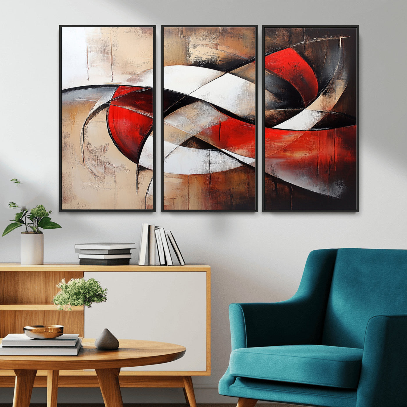 MGV-FC-48X32-3P - Abstract Wall Art - Modern Red and White Canvas Wall Art Print - Bold Geometric Abstract Canvas for