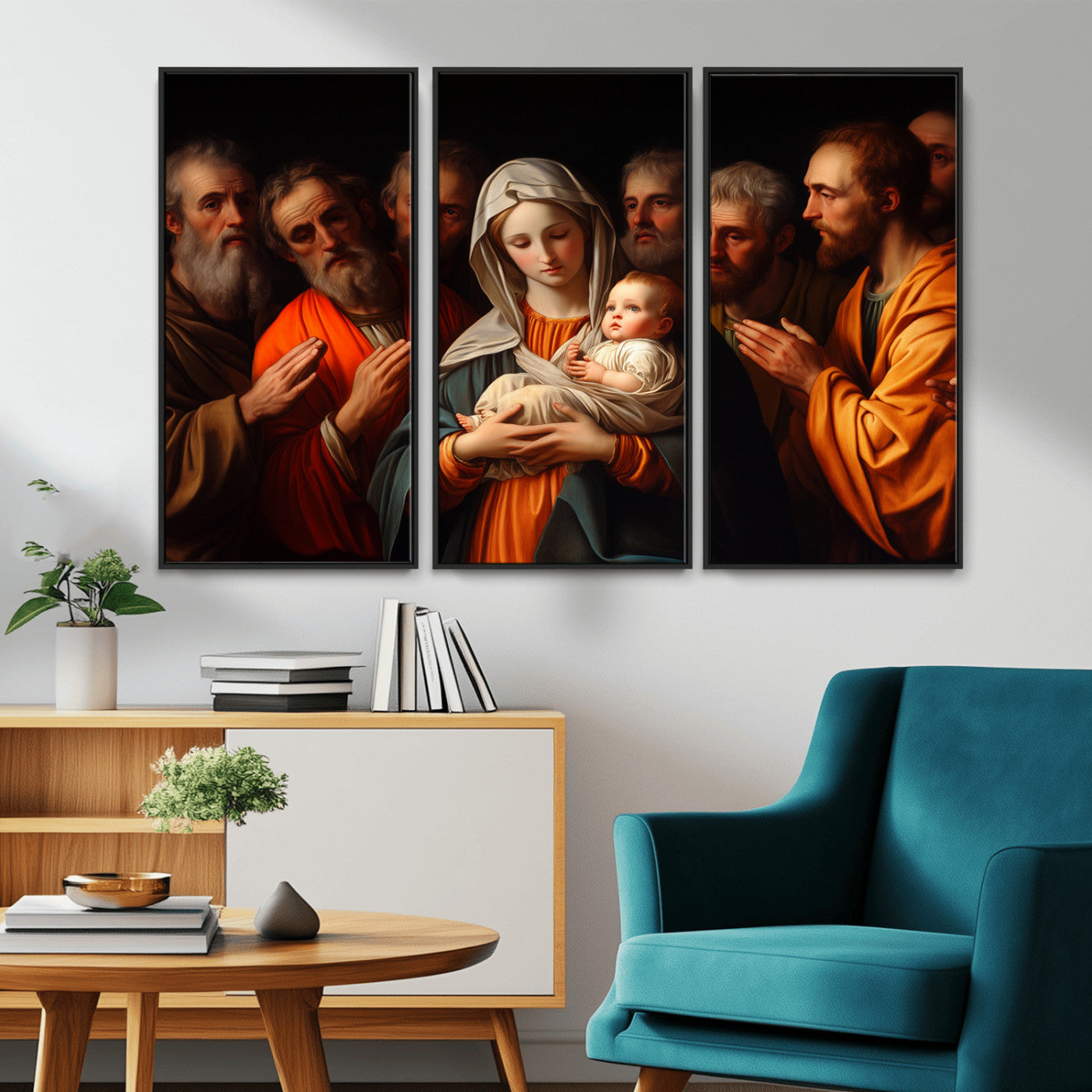 MGV-FC-48X32-3P - Religious Canvas Wall Art Print - Madonna and Child with Apostles Art Print - Classic Christian