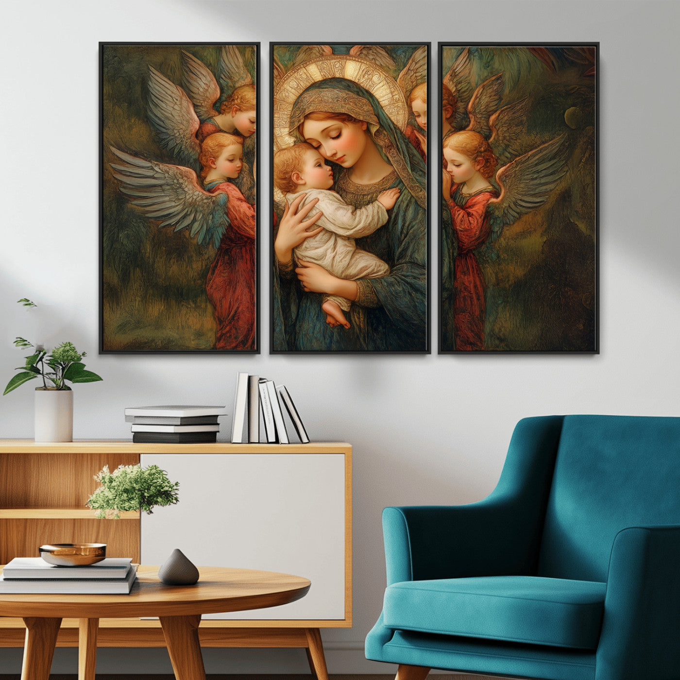 MGV-FC-48X32-3P - Mary Jesus Canvas Wall Art Print - Madonna and Child with Angels Art Print - Classic Christian