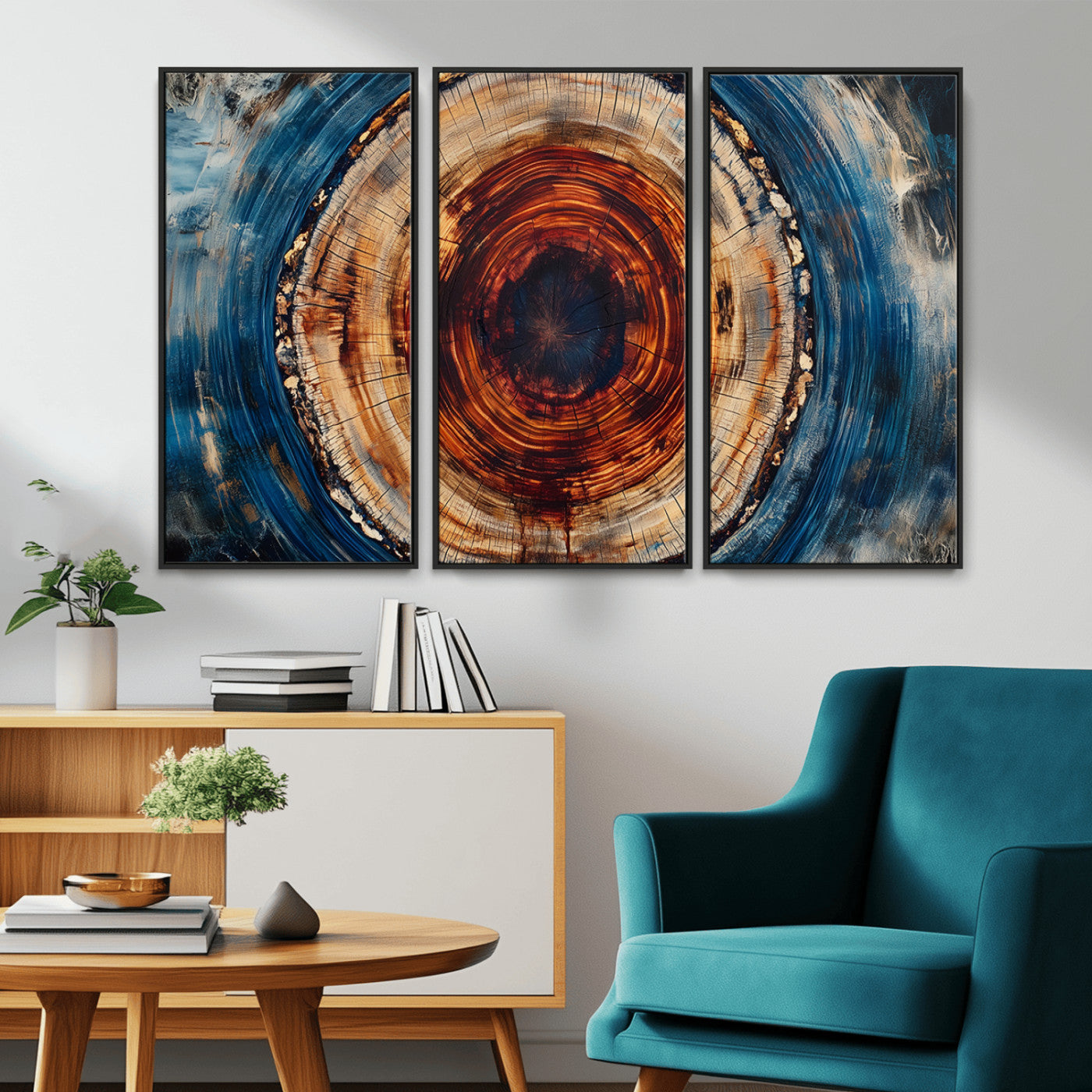 MGV-FC-48X32-3P - Abstract Framed Tree Rings Wall Decor, Wood Grain Rings Artwork Print, Nature Woodland Modern Wall
