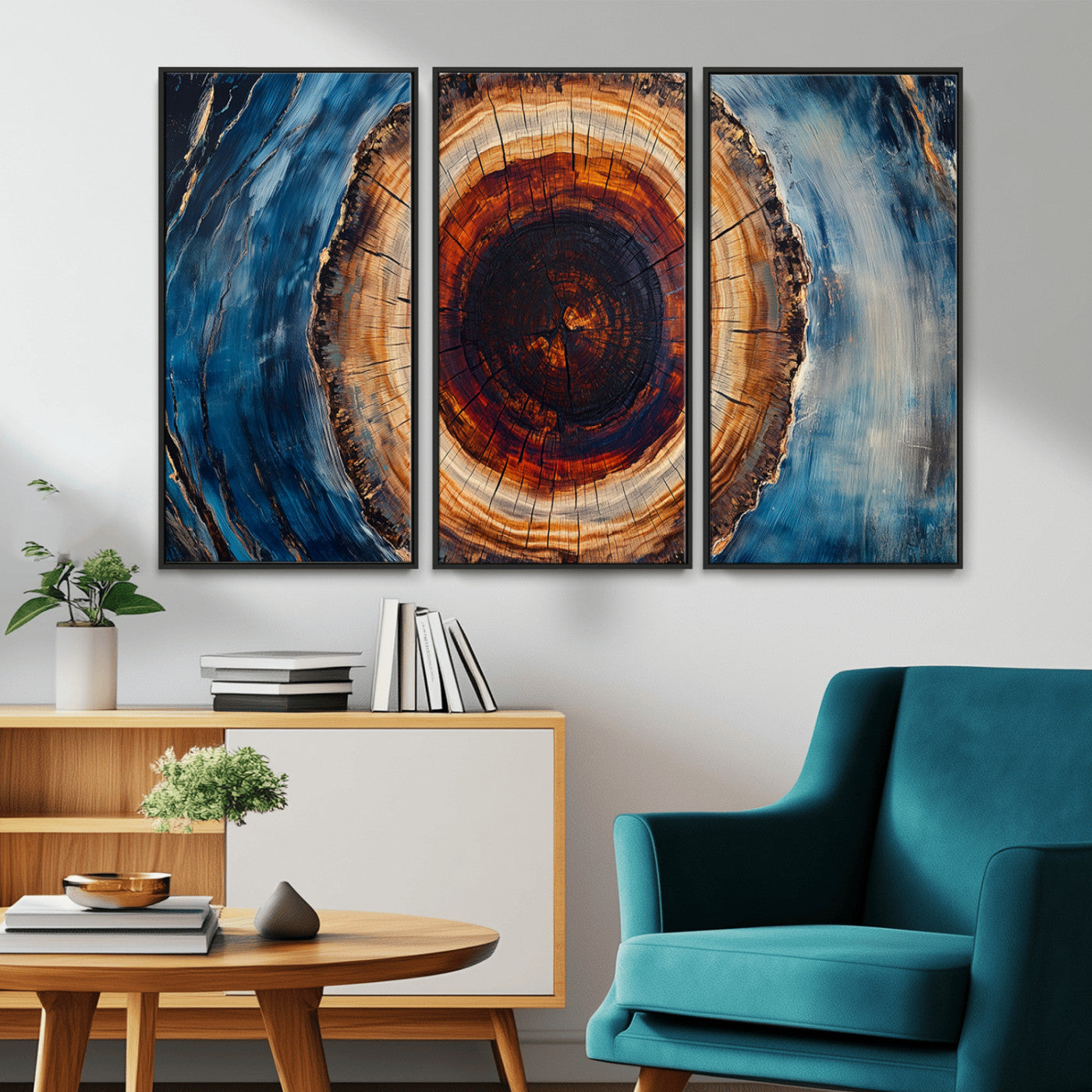 MGV-FC-48X32-3P - Framed Abstract Tree Ring Wall Art Print, Natural Rustic Wood Texture Canvas Print, Wood Tree Stump