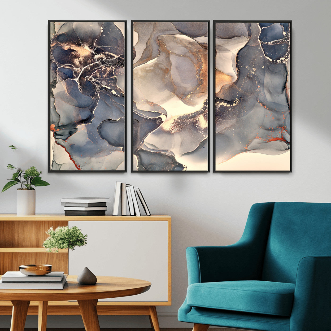 MGV-FC-48X32-3P - Abstract Blue and Gold Wall Art - Fluid Ink Artwork - Modern Luxury Wall Decor for Contemporary