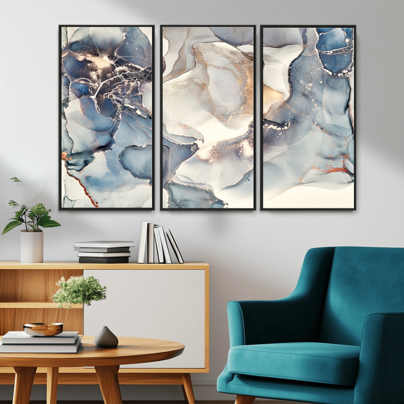 MGV-FC-48X32-3P - Abstract Blue and Gold Canvas Wall Art - Fluid Ink Artwork - Modern Luxury Wall Decor for Contemporary Interiors
