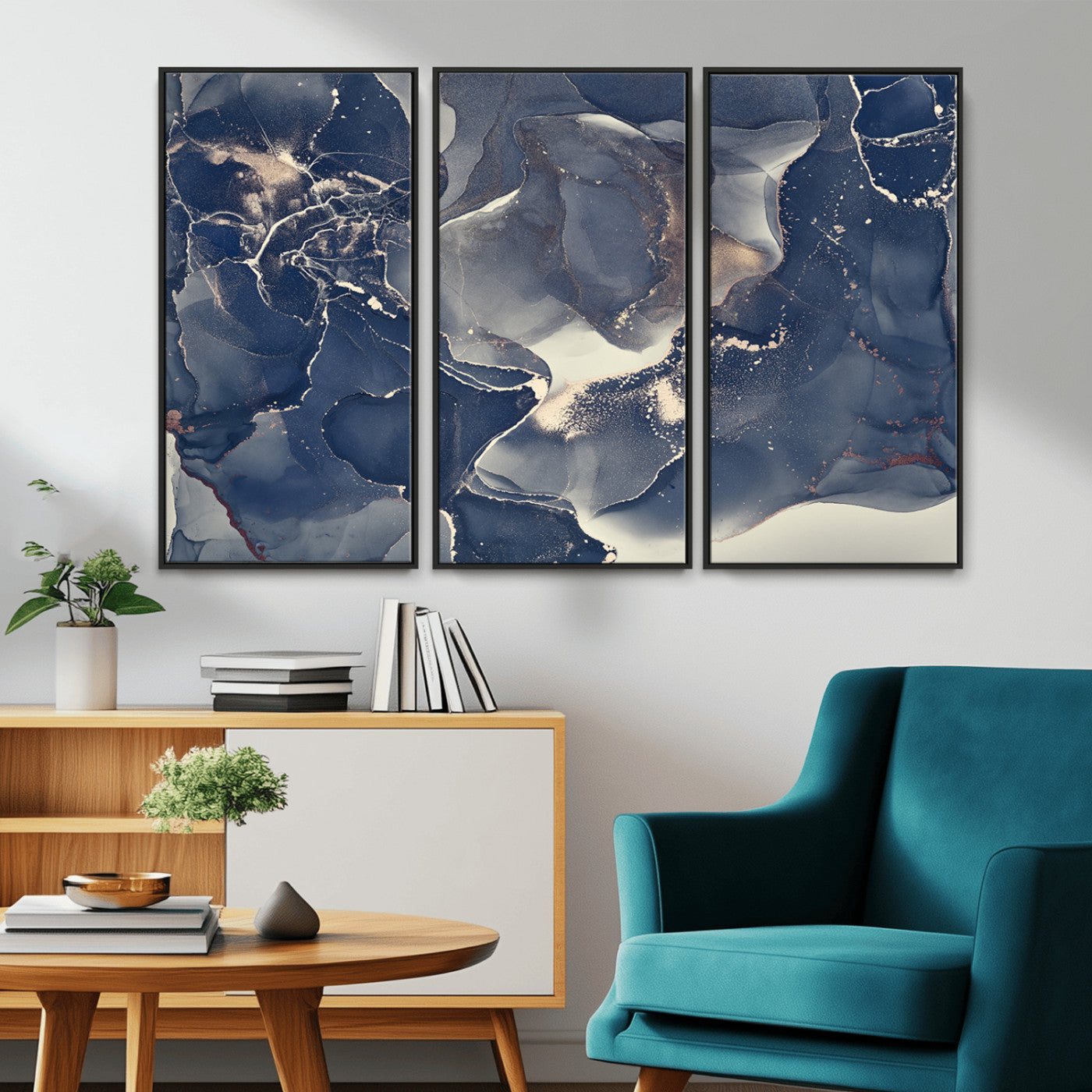 MGV-FC-48X32-3P - Large Abstract Blue and Gold Canvas Wall Art | Fluid Ink Artwork Print | Luxury Wall Decor for