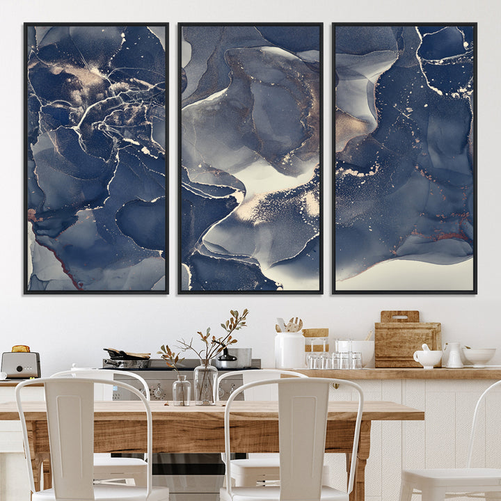 Large Abstract Blue and Gold Canvas Wall Art | Fluid Ink Artwork Print | Luxury Wall Decor for Contemporary Interiors | Framed Ready to Hang