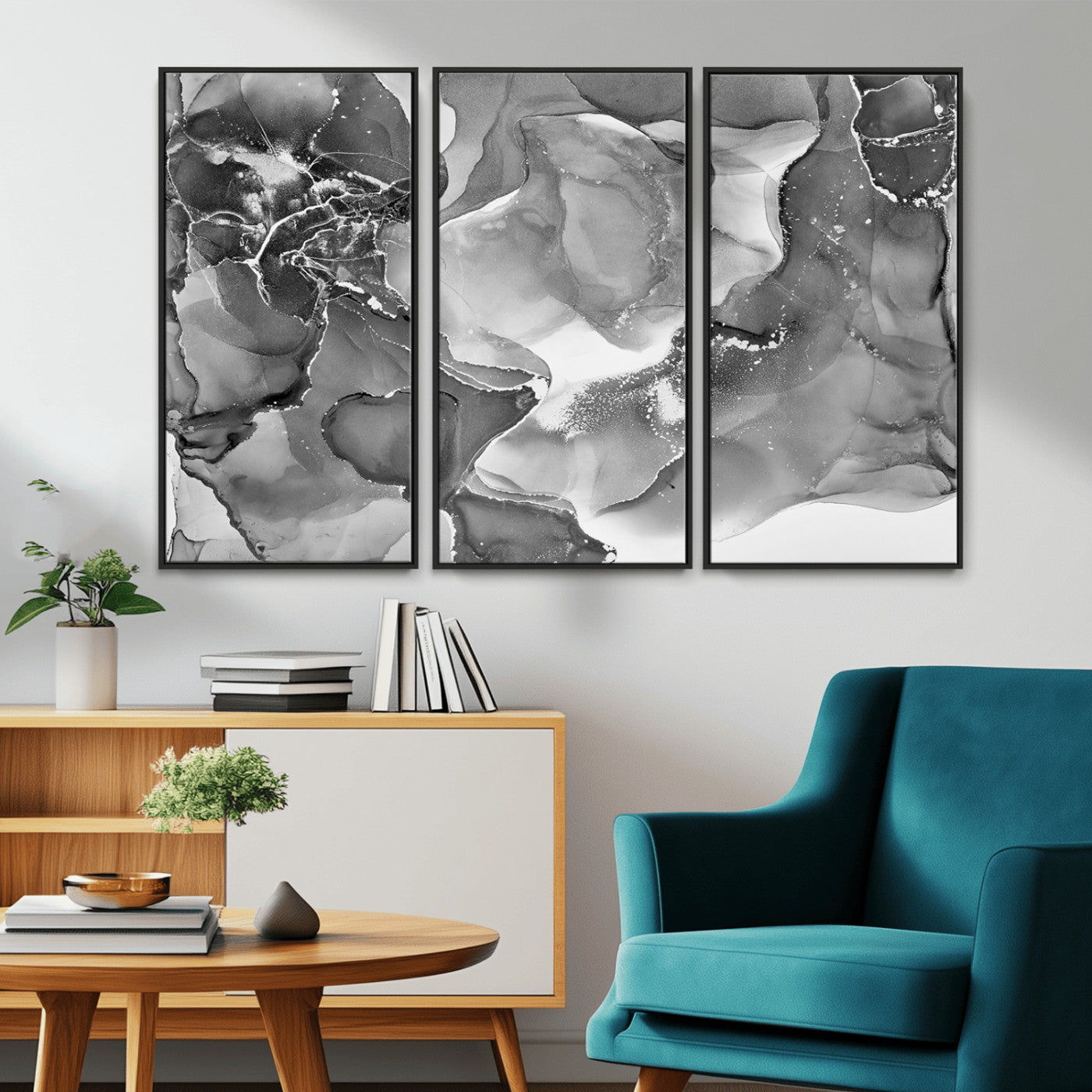 MGV-FC-48X32-3P - Black White Abstract Canvas Wall Art - Fluid Ink Artwork - Modern Luxury Wall Decor for Contemporary