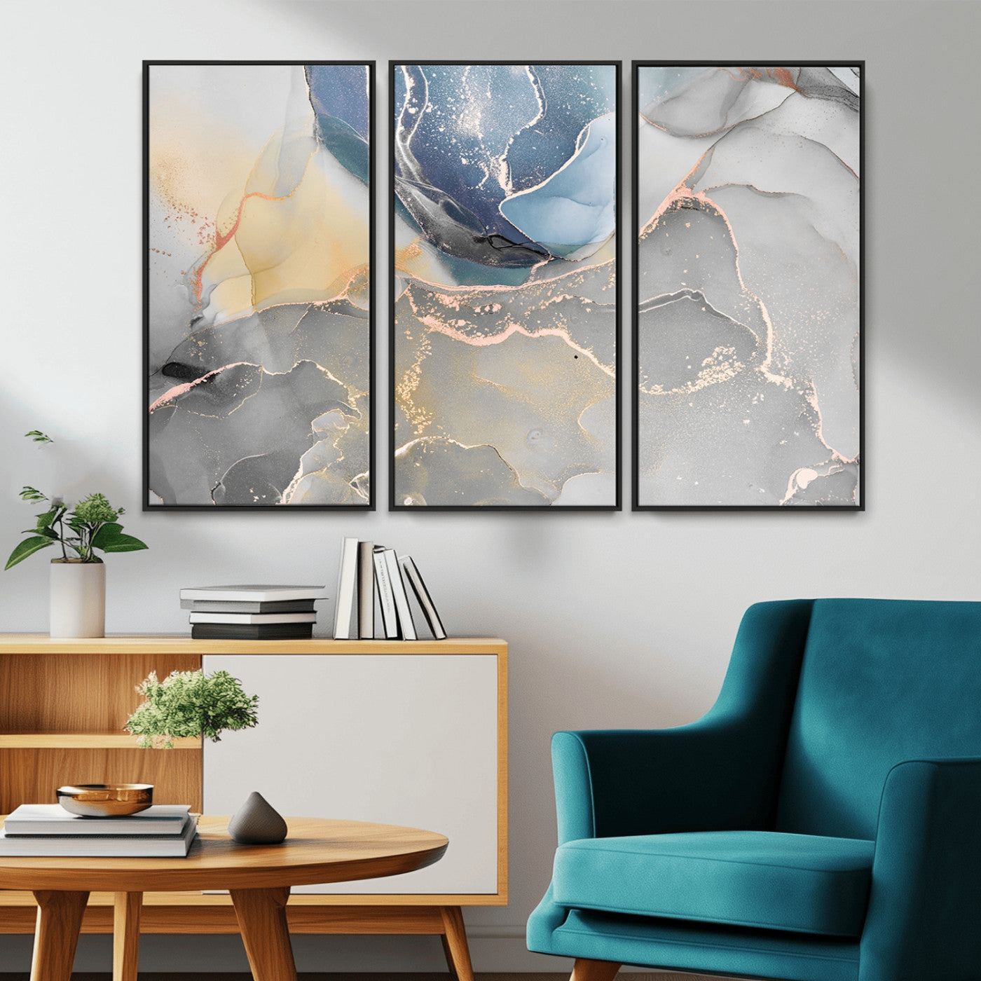 MGV-FC-48X32-3P - Large Abstract Blue and Gold Canvas Wall Art | Fluid Ink Artwork Print | Luxury Wall Decor for