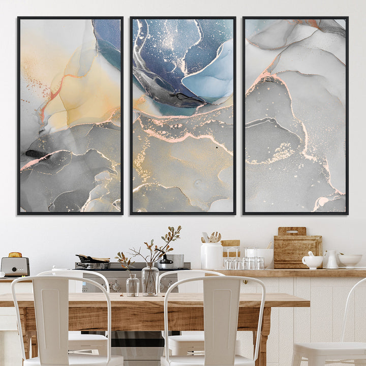 Large Abstract Blue and Gold Canvas Wall Art | Fluid Ink Artwork Print | Luxury Wall Decor for Contemporary Interiors | Framed Blue and Gold