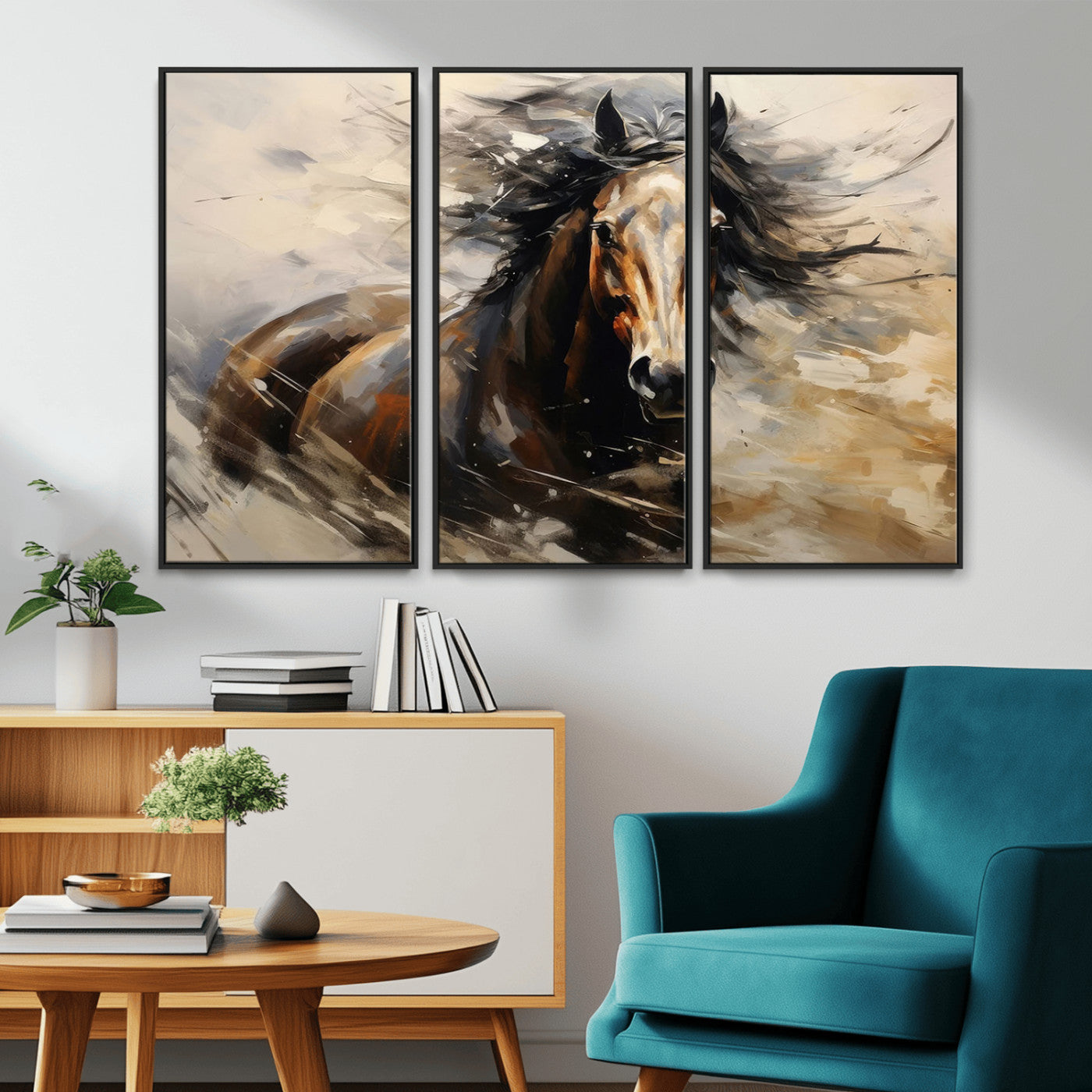 MGV-FC-48X32-3P - Abstract Wall Art Horse Print - Large Western Horse Canvas - Farmhouse Woodland Wall Art - Framed