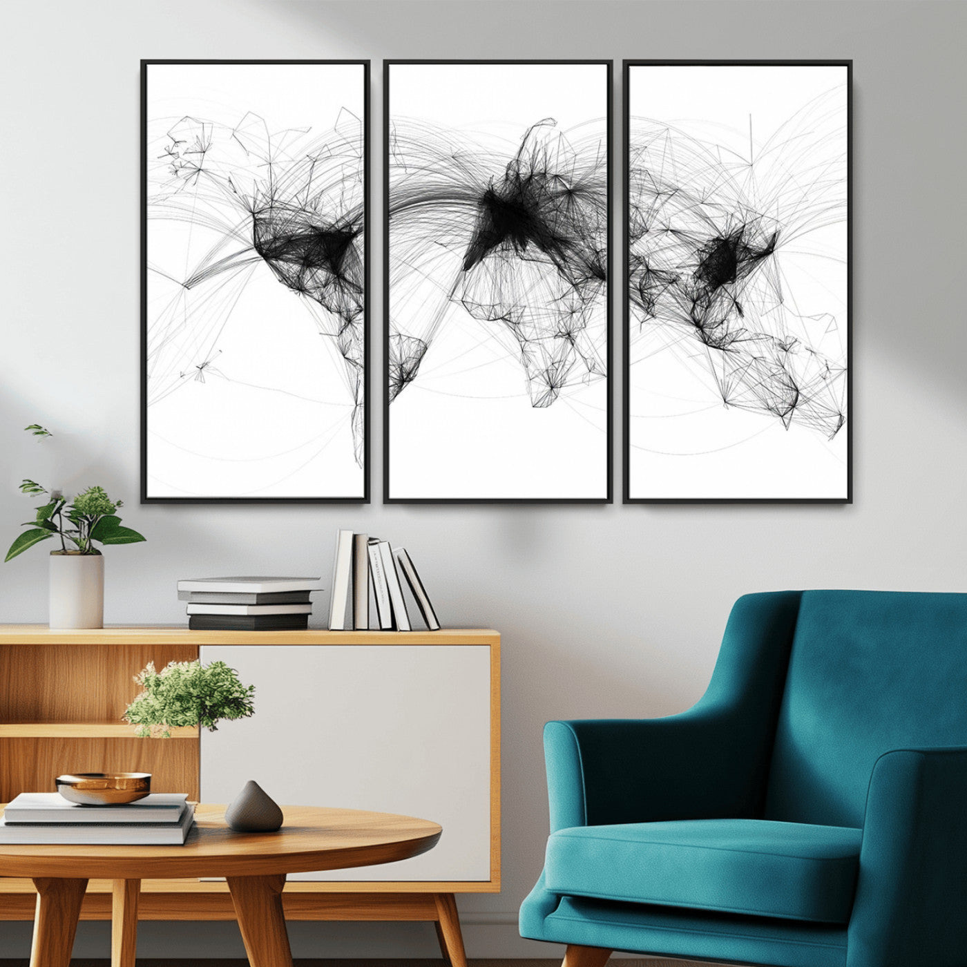A minimalist abstract world map created from interconnected black lines representing global connectivity and communication networks.