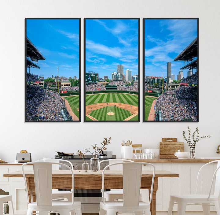 Panoramic view of Wrigley Field, ideal for the Wrigley Field Chicago Cubs Panoramic Canvas Wall Art - Ready to Hang.