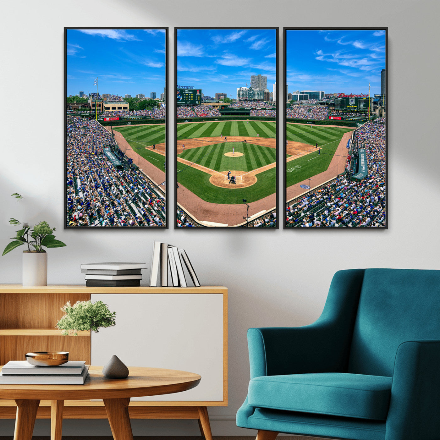 MGV-FC-48X32-3P - Wrigley Field Chicago Cubs Panoramic Multi Piece Canvas Wall Art - Iconic Baseball Stadium Print for