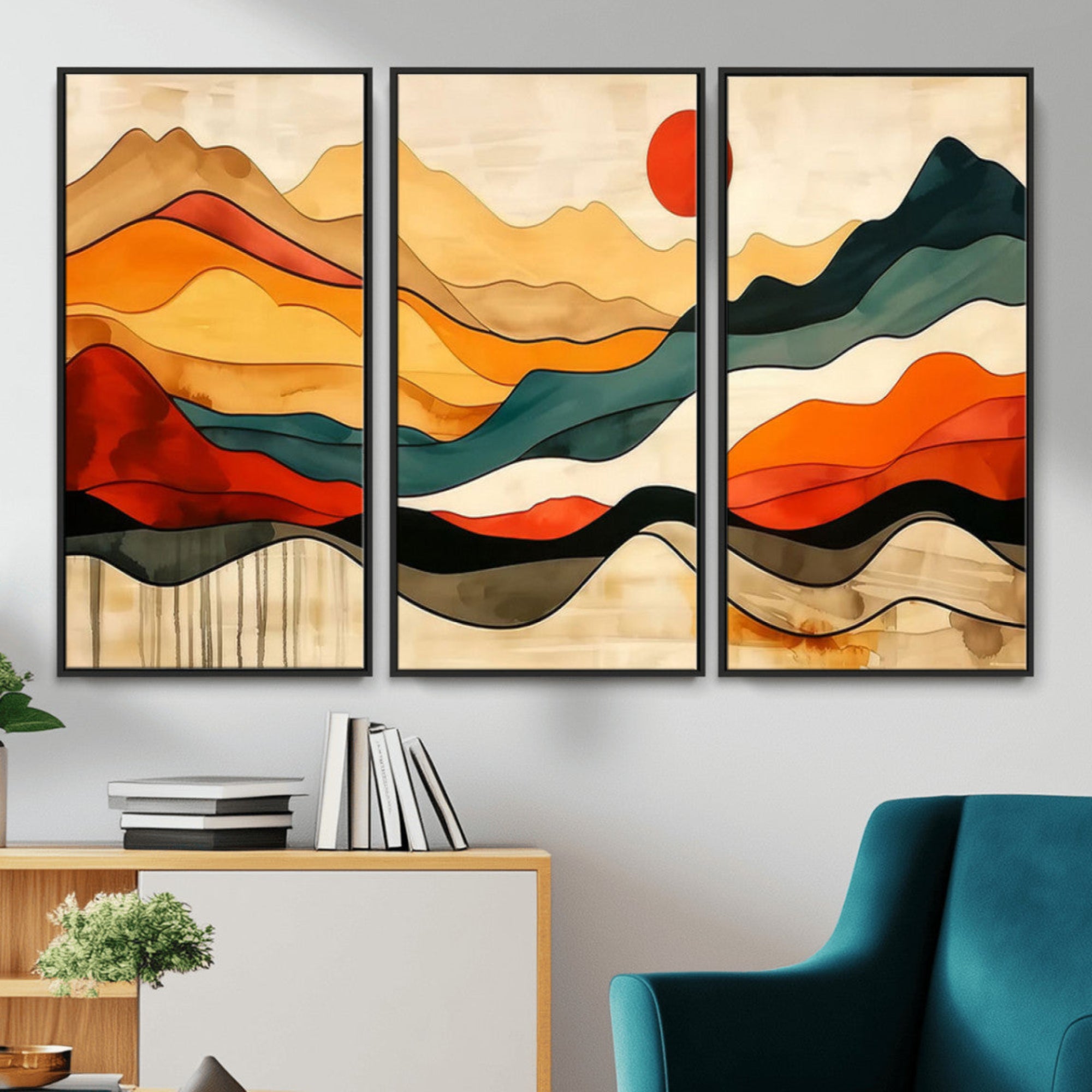 A vibrant abstract landscape featuring layered hills in rich earth tones with a striking red sun, evoking warmth and movement in a minimalist style.