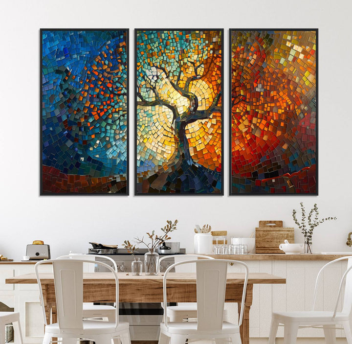 Mosaic Tree Canvas Wall Art: A stunning stained glass-inspired Tree of Life featuring blue and orange swirling patterns reminiscent of a sunburst.