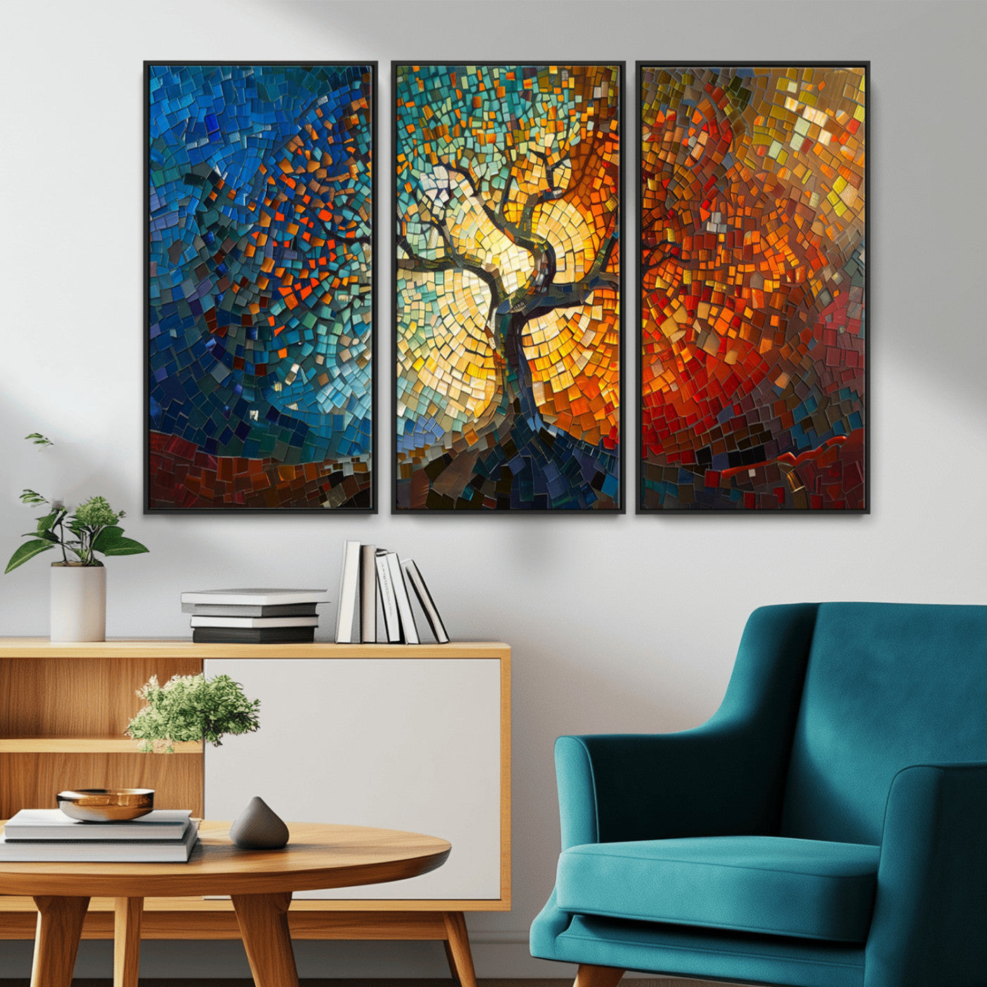 MGV-FC-48X32-3P - Mosaic Tree Canvas Wall Art Canvas Print – Vibrant Stained Glass-Inspired Tree of Life - Ready to