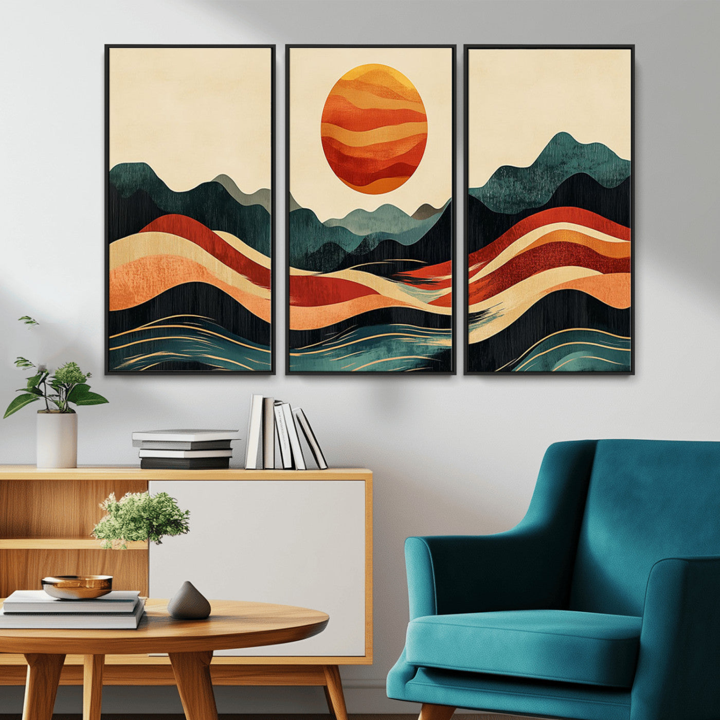 MGV-FC-48X32-3P - Mountain Triptych Wall Art - Western Nature Prints - Framed Boho Pine Tree Canvas for Log Cabin or