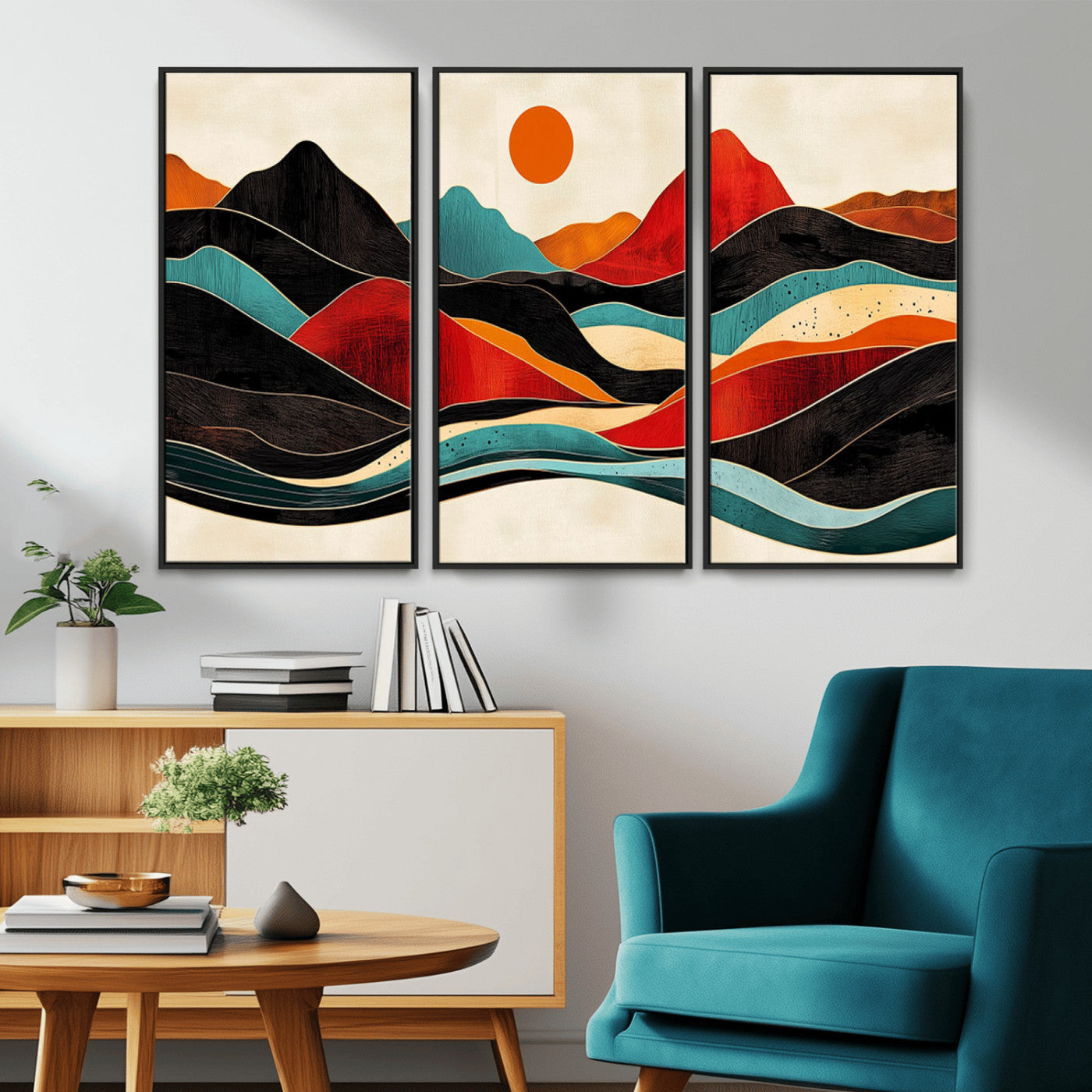 MGV-FC-48X32-3P - Western Wall Decor - Large Triptych Mountain Canvas - Boho Woodland Wall Art Print - Framed