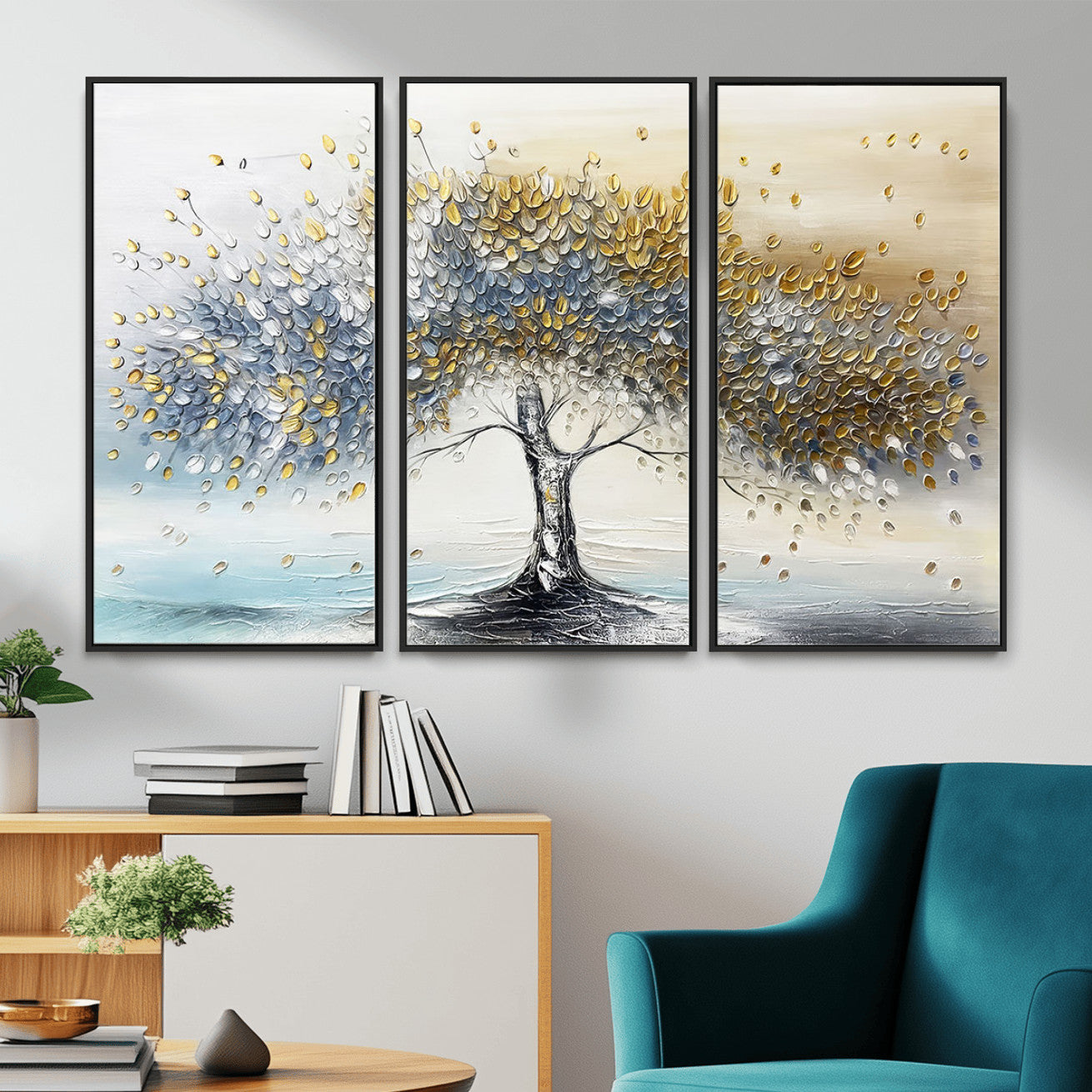 MGV-FC-48X32-3P - Golden & Silver Tree of Life Wall Art – Canvas Print with Whimsical Leaves Elegant Nature Design, Decorative Home, Office or Guest Room Decor