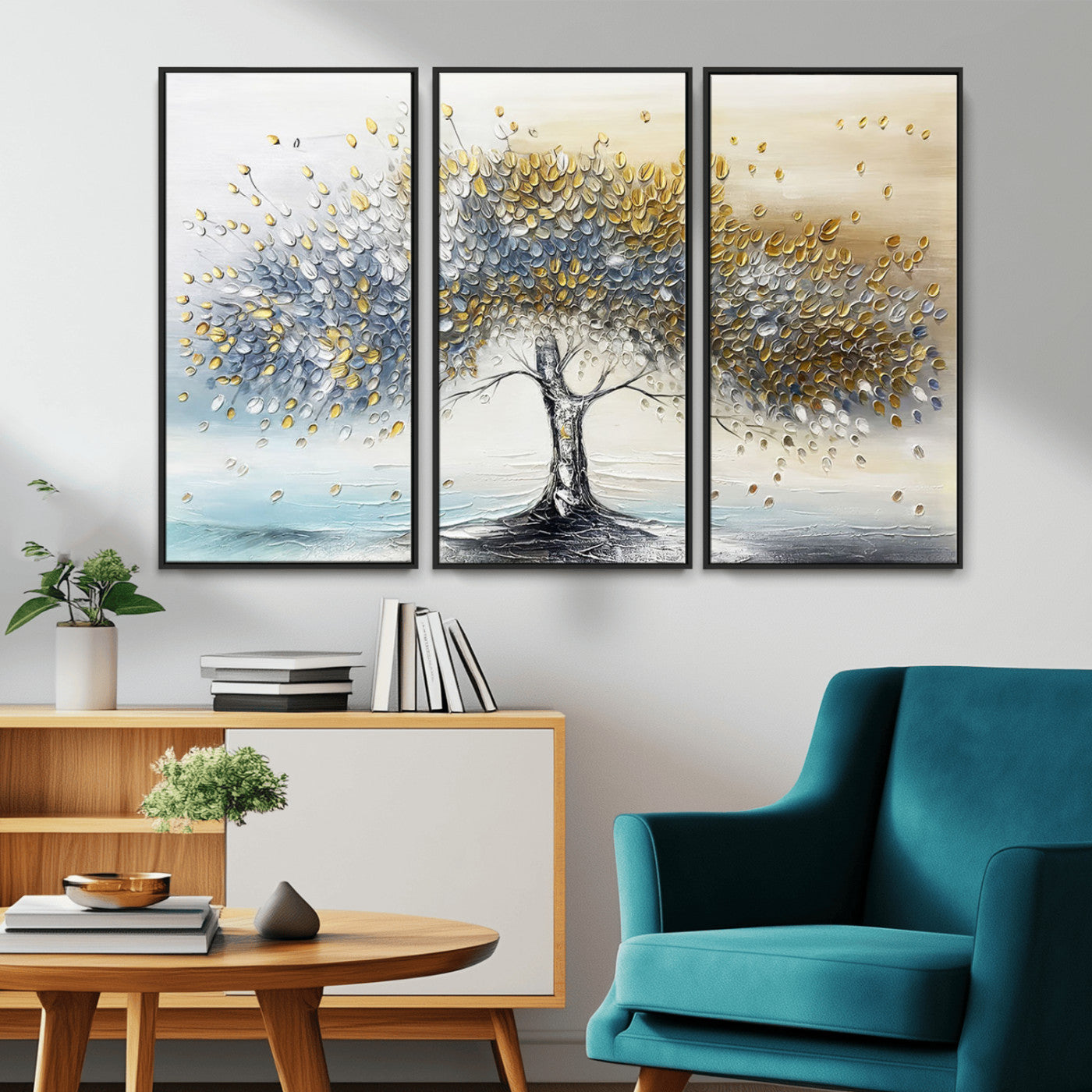 An elegant impasto painting featuring a tree with shimmering silver and gold leaves, blending soft pastels to create a calm and sophisticated atmosphere.