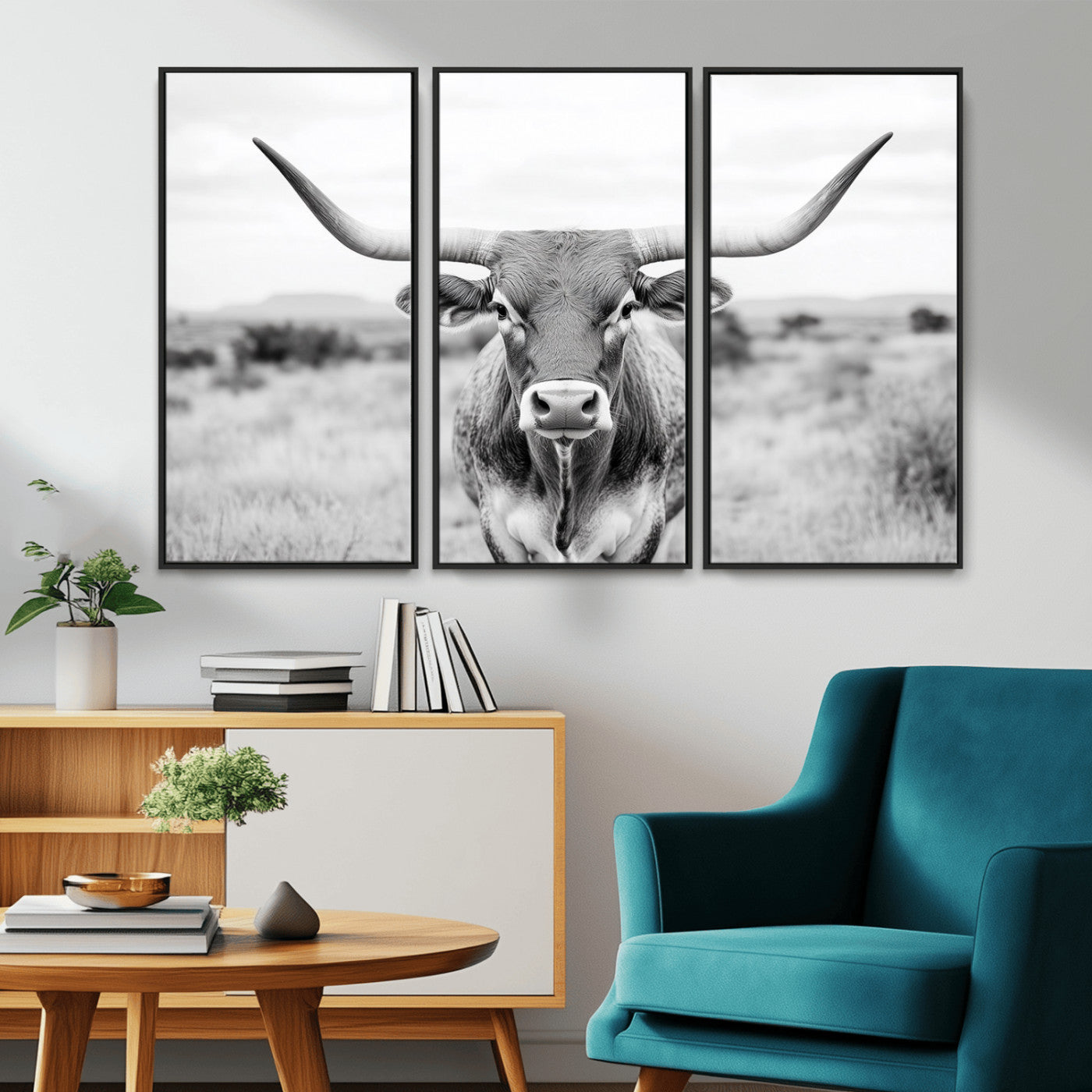 MGV-FC-48X32-3P - Highland Cow Wall Art Print - Black and White Texas Western Longhorn Canvas - Farmhouse Decor Print