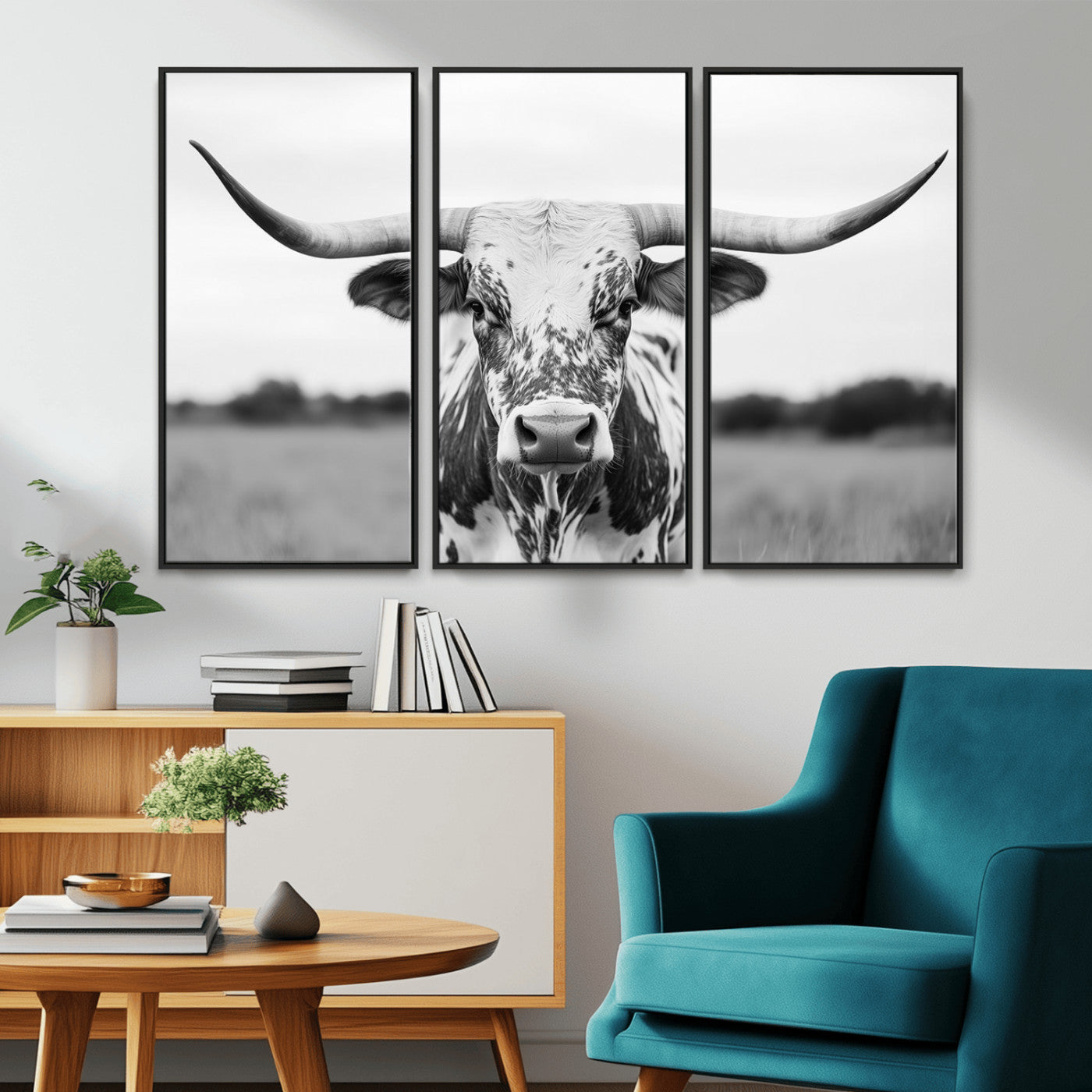 MGV-FC-48X32-3P - Highland Cow Wall Art - Black and White Western Longhorn Canvas Print - Farmhouse Living Room Decor