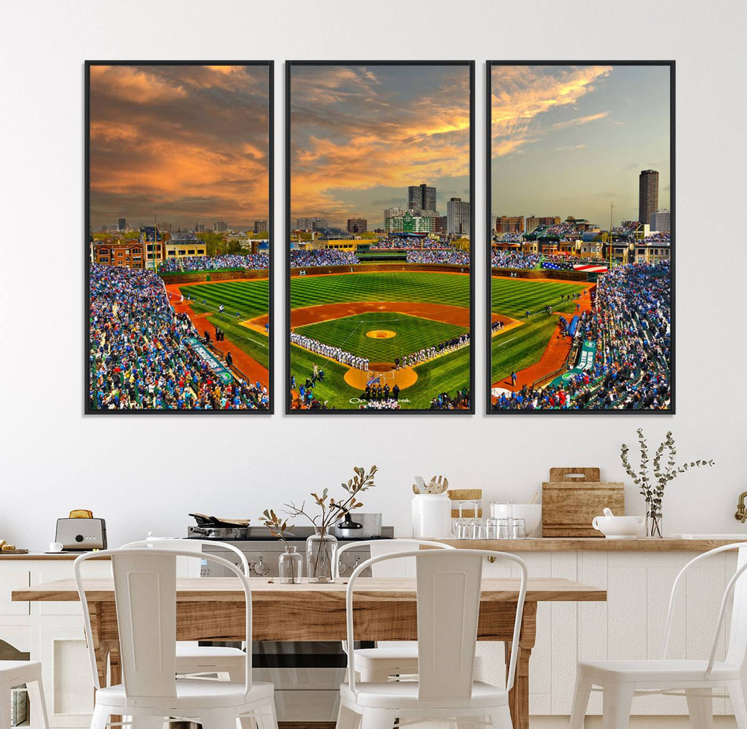 Aerial view of Wrigley Field at sunset against a vibrant sky, creating the perfect Chicago Wrigley Field Canvas Wall Art.