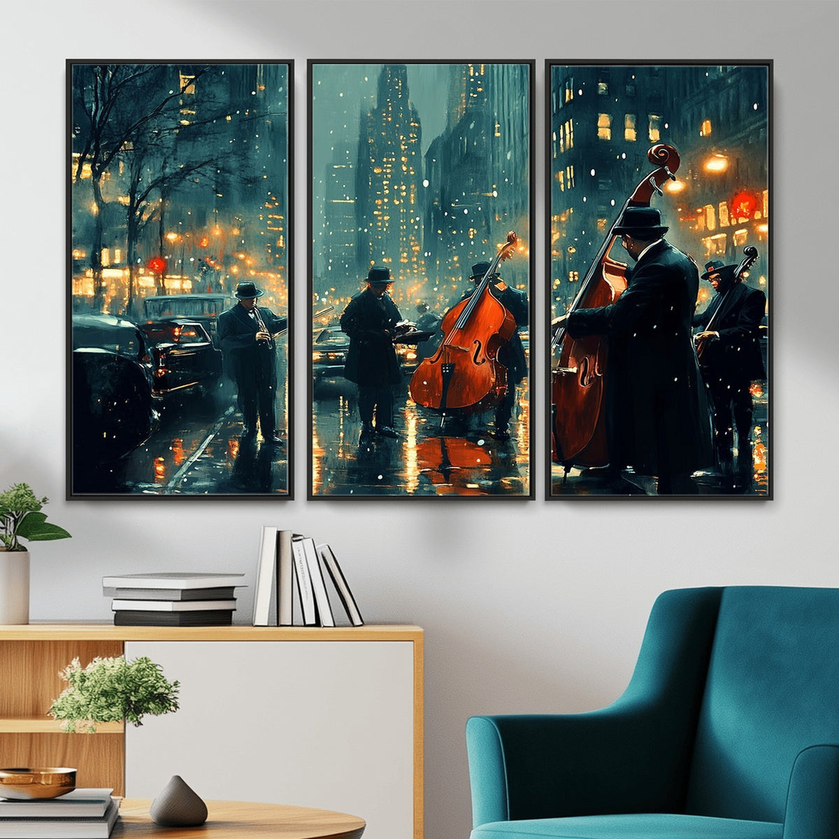 53391-MGV-CV-24X16 - Urban Night Jazz Wall Art Canvas Print | Moody Rain Soaked City Street Band Scene