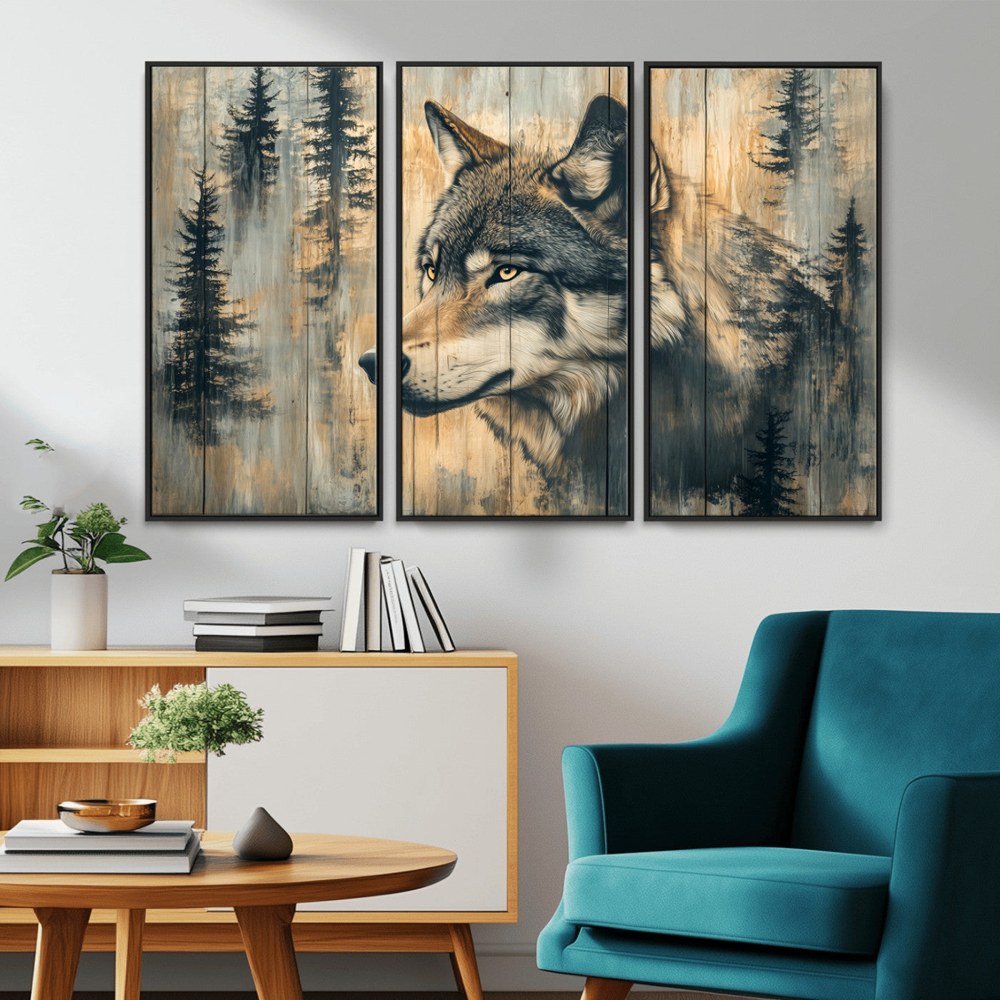 MGV-FC-48X32-3P - Wood Style Rustic Wolf Wall Art Canvas Print, Vintage Woodland Wolf Wall Art, Framed Wood Style Wolf