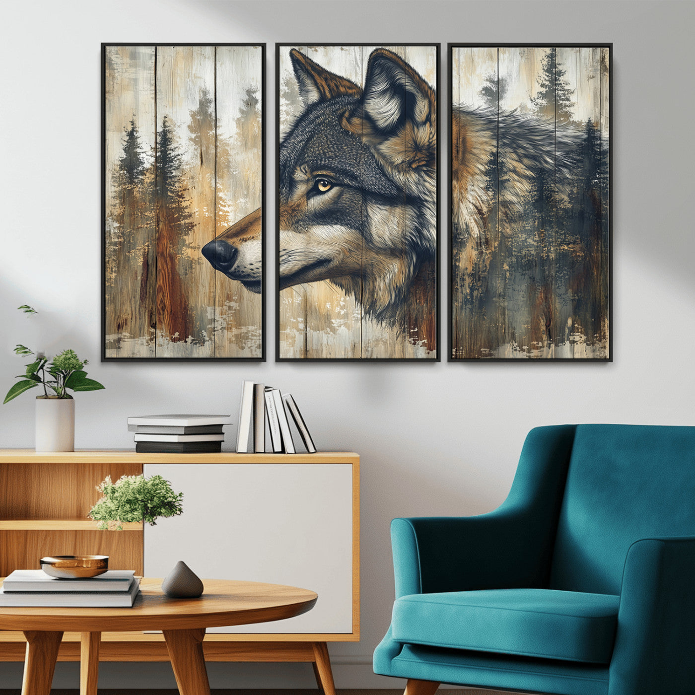 MGV-FC-48X32-3P - Rustic Wolf Wall Art Canvas Print, Vintage Woodland Wolf Wall Art