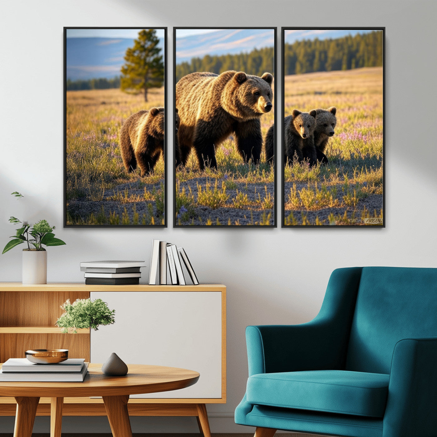 MGV-FC-48X32-3P - Grizzly 399 in Wild Flowers Wall Art Canvas Print, Grizzly Bears Wall Art, Queen of Grand Teton