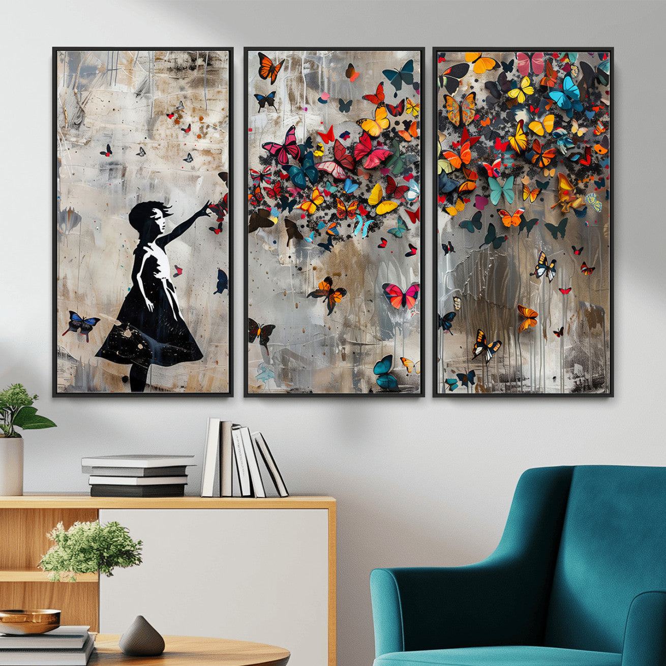 51446-MGV-CV-36X24 - Banksy Butterfly Girl Wall Art | 3-Piece Butterfly Girl Canvas
