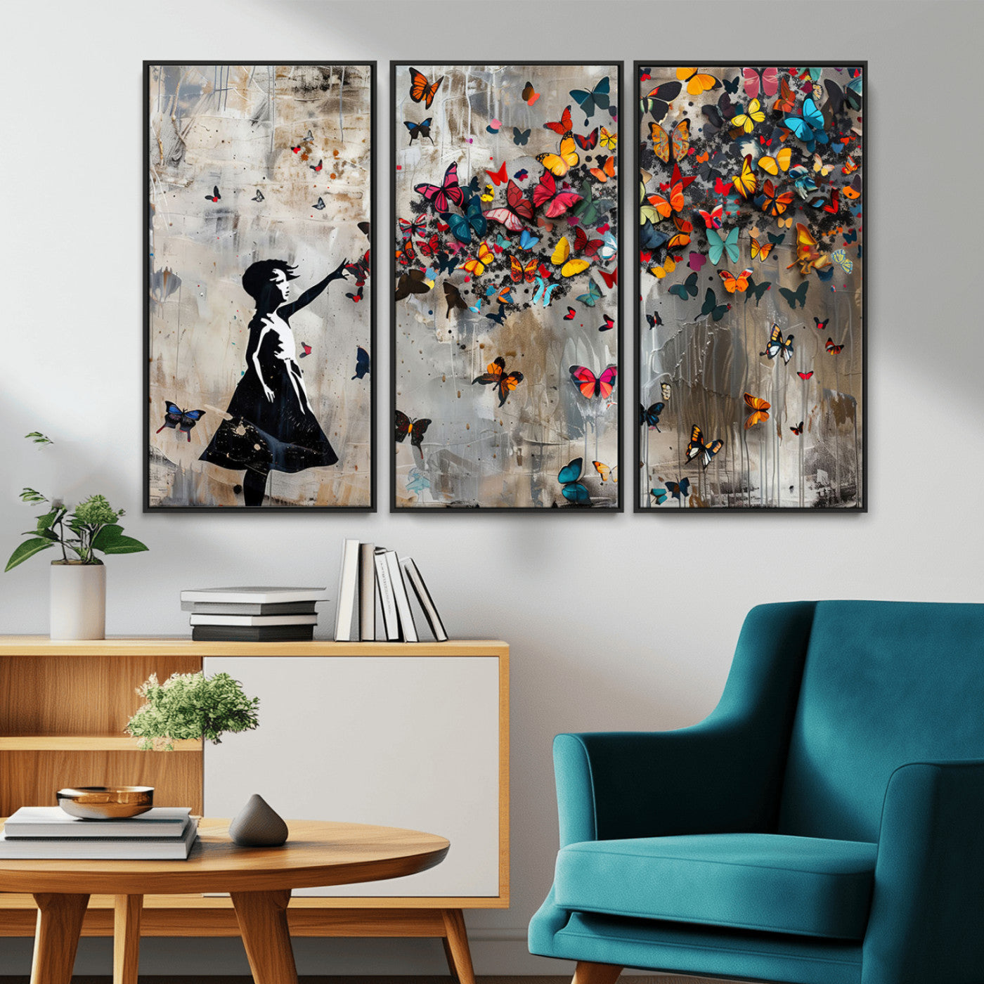 MGV-FC-48X32-3P - Framed Banksy Butterfly Girl Wall Art ,3-Piece Butterfly Girl Canvas, Modern Graffiti Canvas Print