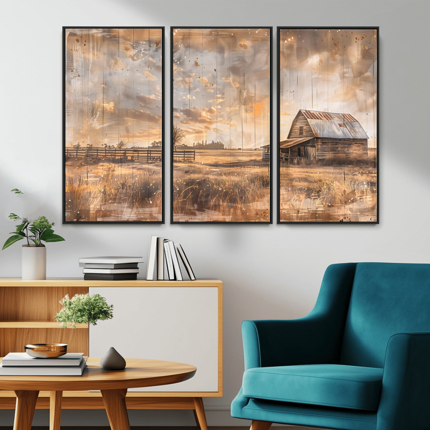 MGV-FC-48X32-3P - Rustic Farmhouse Wall Art Canvas Print | Barn and Field Canvas Print | Vintage Country Landscape