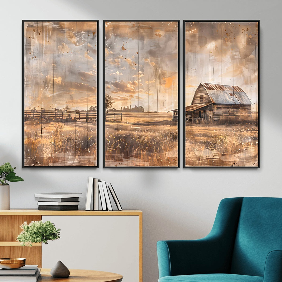 FARM2-MGV-CV-24X16 - Rustic Farmhouse Wall Art Canvas Print | Barn and Field Vintage Country Landscape
