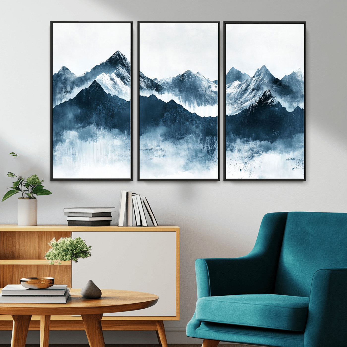 Abstract blue-toned canvas of snowy mountains in misty tones, ideal for minimalist or moody alpine-inspired home decor.