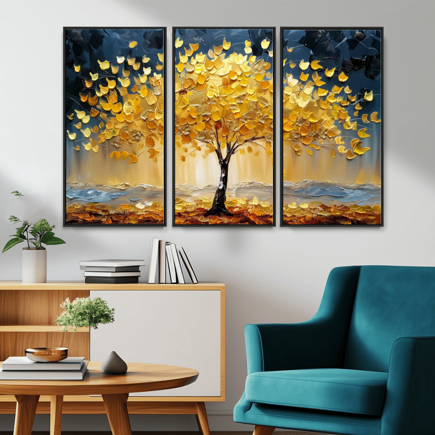 Canvas of a golden autumn tree with textured brushstrokes and moody blue skies, perfect for dramatic and vibrant home decor.