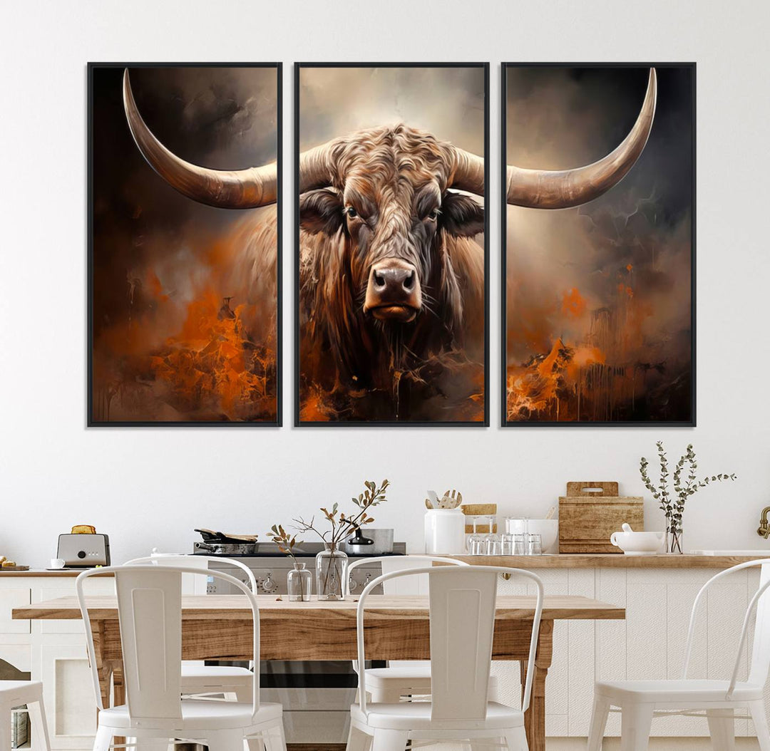 A Highland Bull with striking horns is depicted in a fiery abstract style on a ready-to-hang wall art canvas, evoking strength.