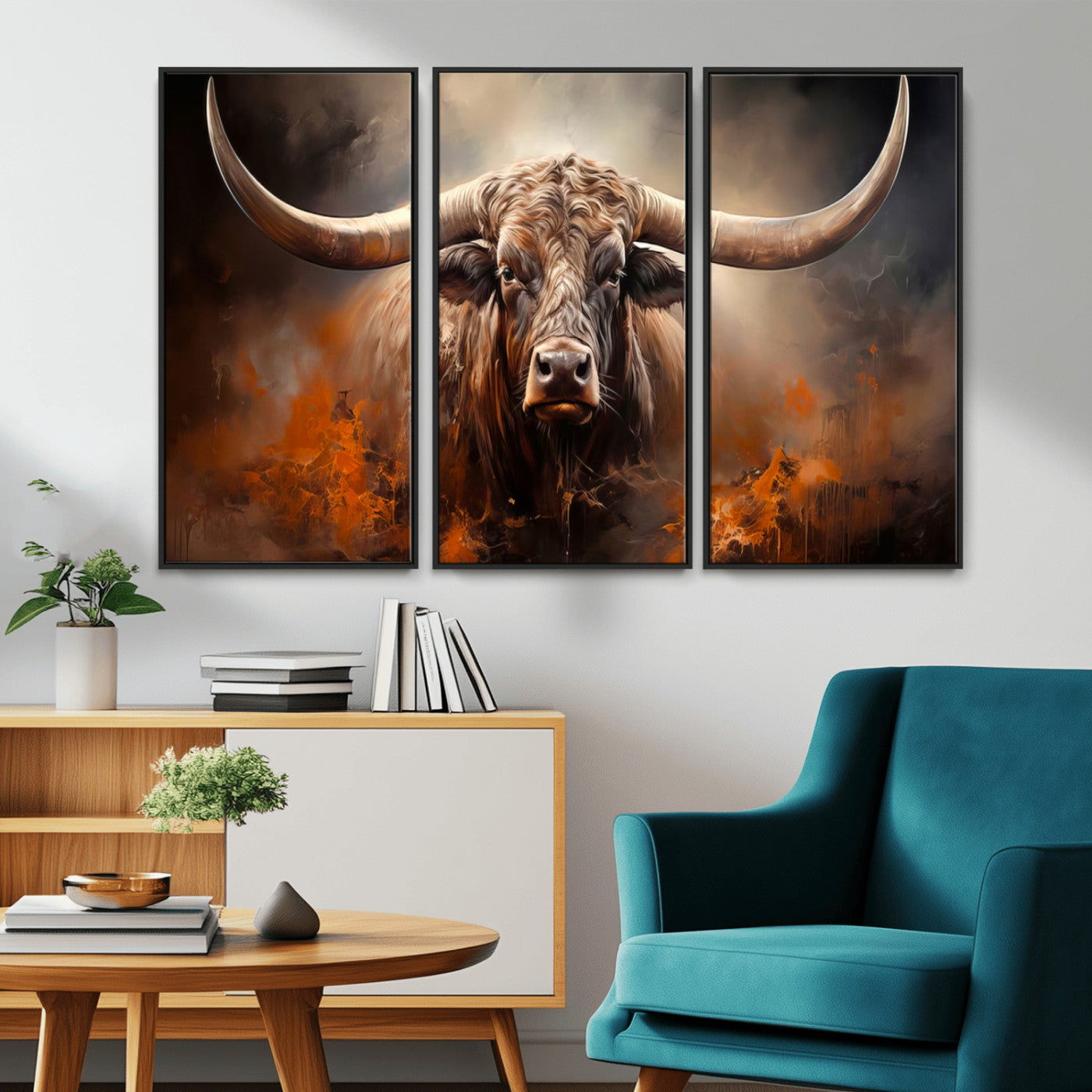 MGV-FC-48X32-3P - Highland Bull Canvas Abstract Canvas Wall Art Print – Powerful Highland Bull with Striking Horns in